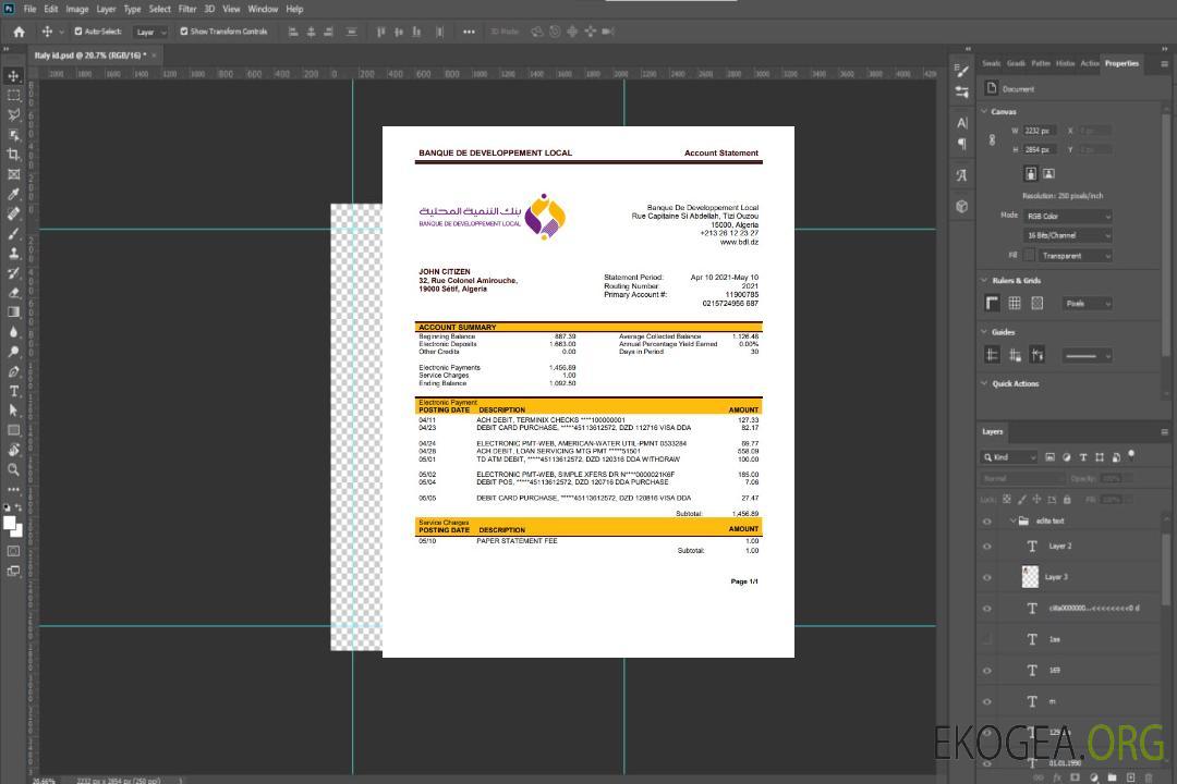 Algérie Banque De Développement Local Bank Statement template